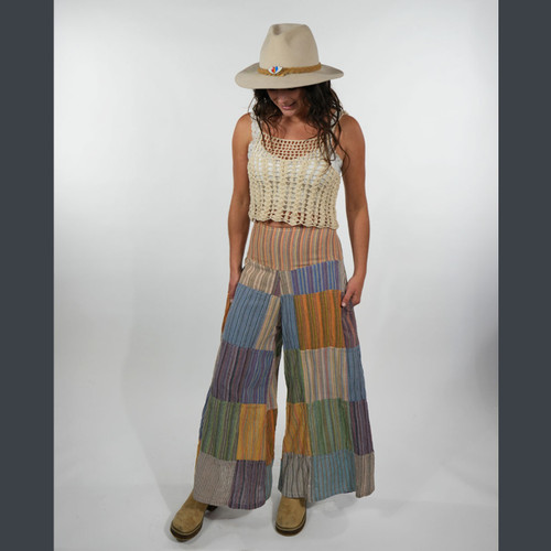 HEY JUDE PANTS  Striped Cotton Patchwork  Back Elastic Super Wide Leg Pants w/ Pockets