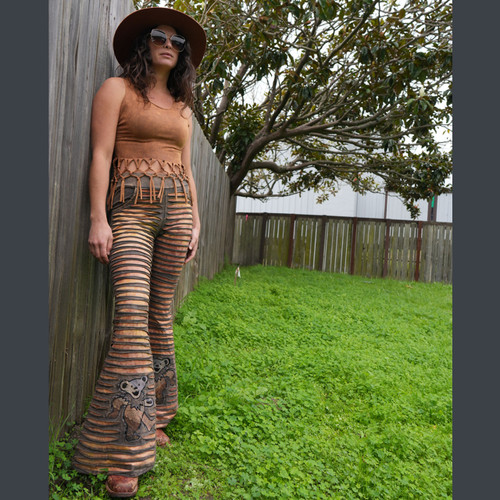 OLOMPALI PANTS Cotton Spandex Tie Dye Dye Stonewash Razor Cut Booty Pants w/ Tonal Grateful Dead Bear Embroidery - Brown