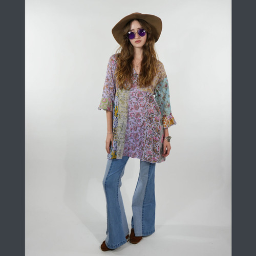 APRIL MAY KURTHA Cotton Floral Print Overdye Patchwork 1/2 Sleeve Kurtha w/ Pockets