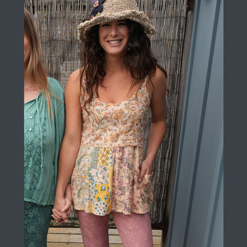 APRIL MAY TOP Cotton Floral Print Overdye Patchwork  Long Top w/ Back Elastic Bobbing & Outside Pockets