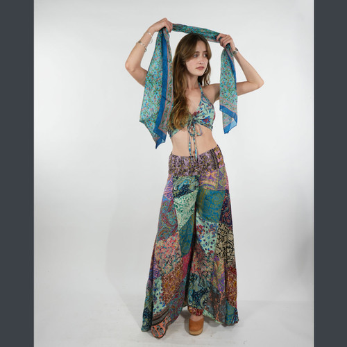 ENCHANTED PANTS Rayon Sari Patchwork Back Bobbing Waist Flowy Pants