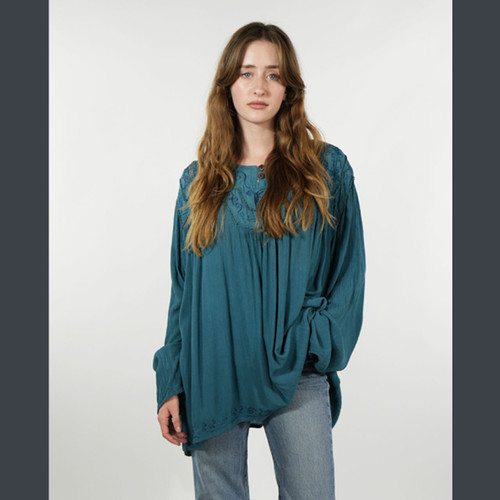 MEADOWLARK TUNIC Rayon Crepe 2 Button Long Sleeve Kurtha w/ Ari Embroidery