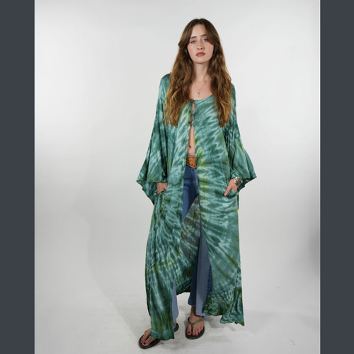 DONNA JEAN DUSTER Viscose Tie Dye  Angle Cut Wide Sleeve 3 Button Long Duster w/ Tonal Spaced Out Bolt Embroidery w/ Pockets