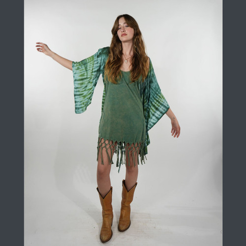 DONNA JEAN DRESS Viscose Tie Dye  Angle Cut Wide Sleeve Wrap Mini Dress w/ Tonal Spaced Out Bolt Embroidery