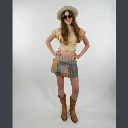 HEY JUDE MINI SKIRT Cotton Stripied Patchwork Flat Front Back Elastic Mini Skirt w/ Attached Pouch Pocket