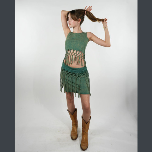 TERRA HUES SKIRT Cotton Spandex Stonewash Tassle Mini Skrt
