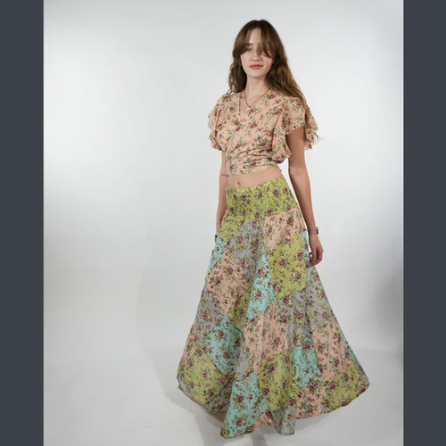 ROSE BUD MAXI SKIRT Cotton  Smocking  Waist Tiered Patchwork Maxi Skirt  - Rose Print