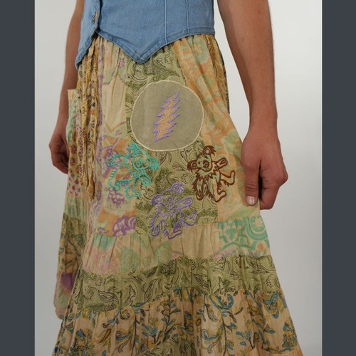 MCKAY SKIRT Cotton Floral Print Overdye Tired Patchwork Eastic Waist Short Skirt w/ Outside Pocket & Grateful Dead Bear & Bolt Embroidery