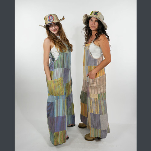 HEY JUDE JUMPSUIT triped Cotton Patchwork  Adustable Strap Jumpsuit w/ Outside Pockets - Sky - S