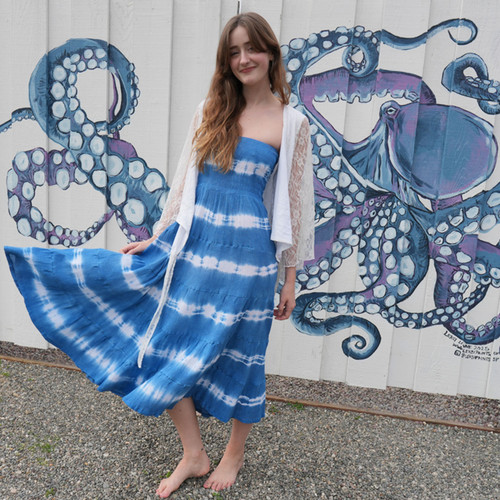 OCEANSIDE SKIRT/DRESS Crepe Rayon Tie Dye Tiered Maxi Skirt Drawstring  Elastic Waist