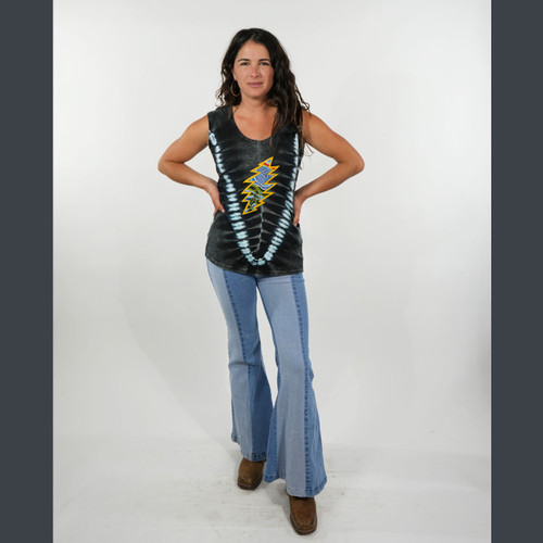 BOOGIE NIGHTS PANTS Soft Stretch Denim 2 Tone Paneled Drawstring Side Zip Bell Bottom Pants