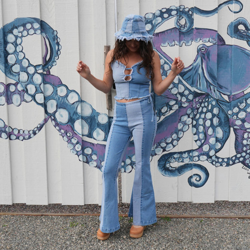 BOOGIE NIGHTS PANTS Soft Stretch Denim 2 Tone Paneled Drawstring Side Zip Bell Bottom Pants