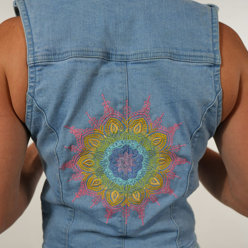 BOOGIE NIGHTS VEST Stretch Denim Button Up Vest w/ Rainbow Mandala Embroidery