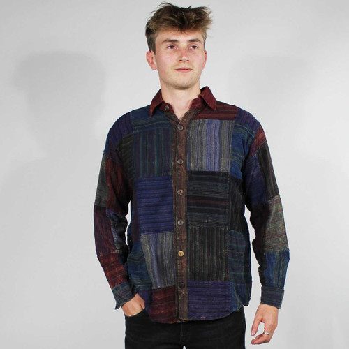 THE JUNCTION SHIRT Over Dyed & Stonewashed Striped Cotton Patchwork Long Sleeve Collar Shirt w/ Front Chest Pocket