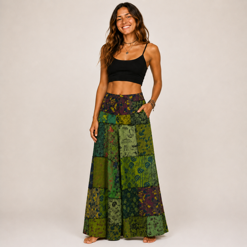 MAGIC CAP PANTS Cotton Mushroom Print Patchwork  Wide Leg Back Elastic Pants w/ Pockets