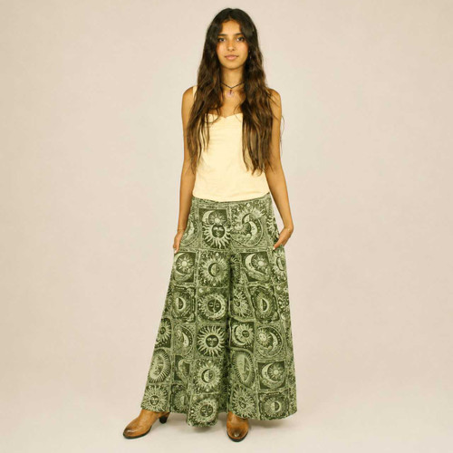 CELESTIAL VIBES PANTS Cotton Moon Star Print Patchwork  Wide Leg Back Elastic Pants w/ Pockets