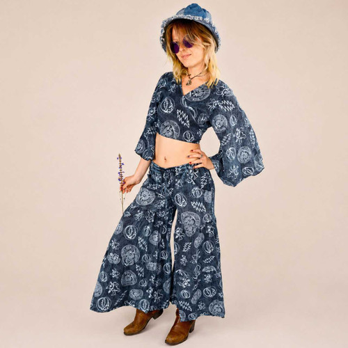 SHINING ON ME PANTS Cotton GD Print Tiered Wide Leg Drawstring Elastic Waist Pants Shinning  Dye