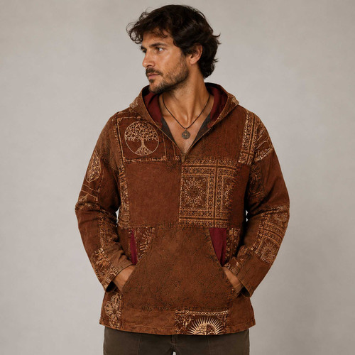 MANTRA VIBES HOODIE Cotton Mantra Print Patchwork Pullover Hoodie w/ Front Pocket