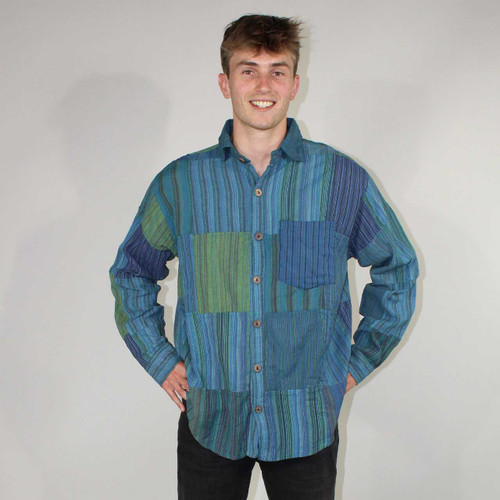 ROAD TRIP SHIRT Striped Cotton Patchwork Long Sleeve Collar Shirt w/ Front Chest Pocket
