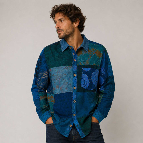 JOURNEY SHIRT Shining Wash Cotton Printed Patchwork Long Sleeve Collar Shirt w/ Front Chest Pocket