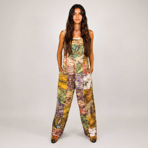 WATCHTOWER OVERALLS Cotton Razor Cut & Tie Dye Patchwork Overalls w/ Adjustable Straps, 5 Pockets & Tonal SYF Embroidery - Brown/Tan