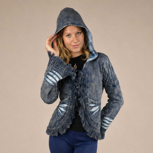 MANDALA RAY HOODIE Stonewash Cotton Lycra Tie Dye Lininig  Front tie hoody   w/ Mandala Embrodery Razor Cut, Crochet Lace Trim & Pockets