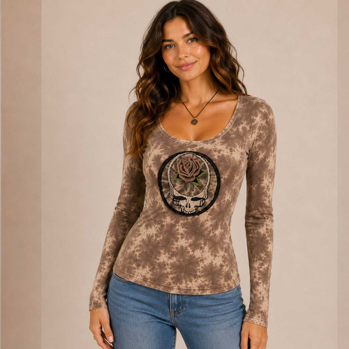 ROSEMARY TOP  Cotton Lycra Scoop Neck Long Sleeve Tie Dye  Shirt  w/ Tonal GD SYF Rose  Embroidery
