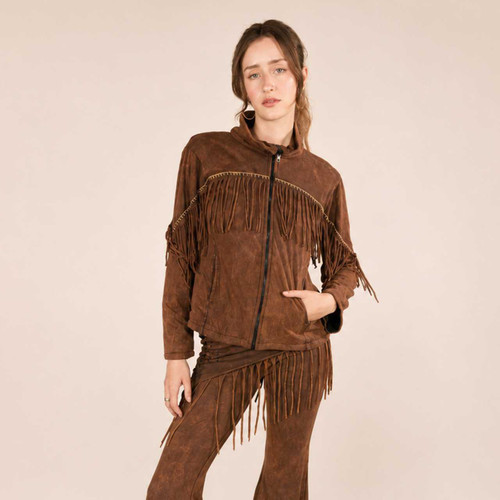 TERRA HUES JACKET Cotton Lycra Stonewash Fringe Zip Up Collar Jacket  w/ Fleece Lining, Hand Stitching & Fringe