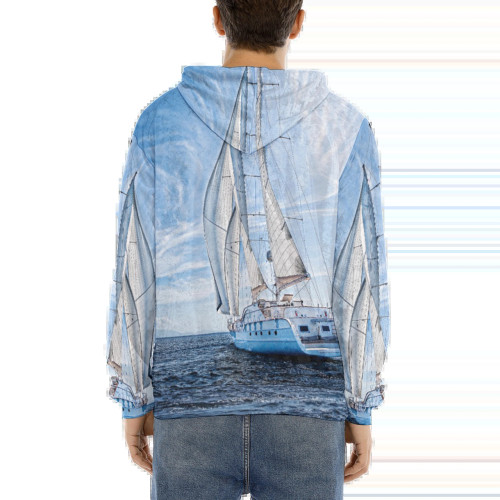 sail away ocean sailboat print velvet pullover hoodie
