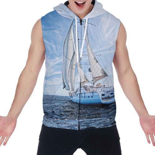 sail away ocean sailboat print sleeveless zip front hoodie