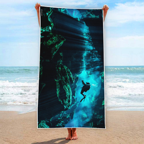 subaquatic beach towel printed with underwater photo of scuba diver