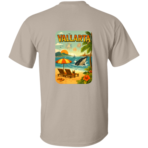 Back view of a sand-colored t-shirt showcasing a vintage Vallarta sunset scene with a breaching humpback whale offshore.