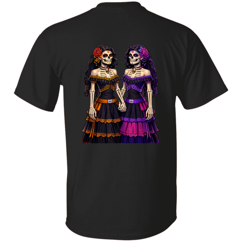 Back view of a black t-shirt with a vibrant lesbian Catrina couple illustration symbolizing love and tradition.