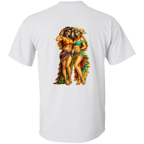 Back view of the Catrina Sirens of México t-shirt featuring two elegant Día de los Muertos sirens in colorful folkloric skirts and skull makeup. Printed on a white t-shirt, this design blends Mexican art, coastal fantasy, and bold feminine energy with a striking full-back illustration.
