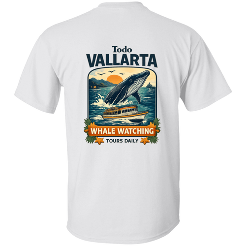 Back view of white whale watching t-shirt with large Puerto Vallarta humpback whale illustration and vintage travel poster style artwork.