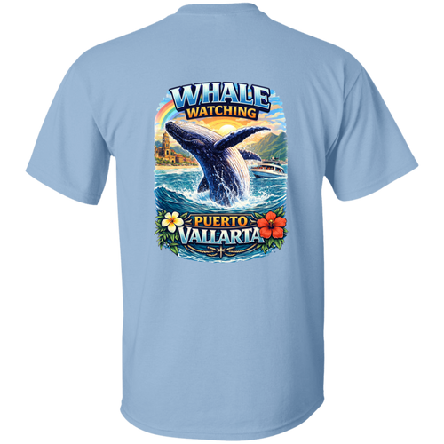 Back view of a light blue t-shirt featuring a large Puerto Vallarta whale watching design with a breaching humpback whale and coastal scenery.