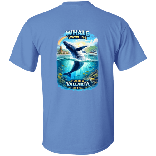 Back view of a Carolina blue t-shirt showcasing a vibrant humpback whale breaching scene inspired by whale watching in Puerto Vallarta.