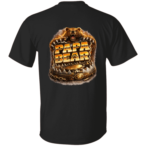 Back view of the Papa Bear Pride Trap Tee in black featuring the dramatic roaring bear and Papa Bear artwork.