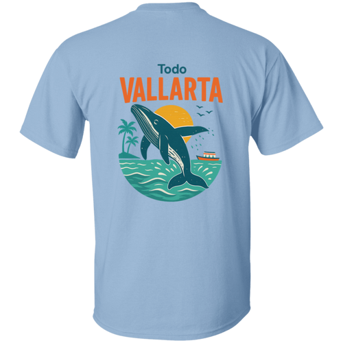 Back view of the Todo Vallarta Whale Season Tee in light blue displaying a vibrant humpback whale breaching against a Puerto Vallarta sunset.