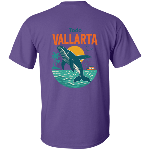 Back view of the Todo Vallarta Whale Season Heritage Tee in purple with a colorful humpback whale illustration against a sunset backdrop.