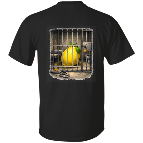 Back view of a black t-shirt with a detailed lemon-in-jail illustration representing symbolic media commentary
