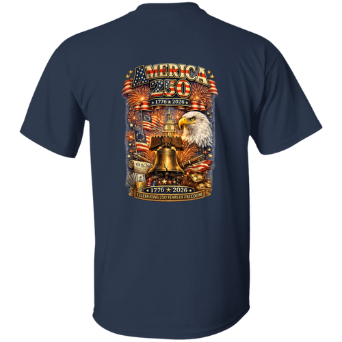 Full back print of the America 250 Liberty Legacy design on navy blue t-shirt honoring 1776–2026.