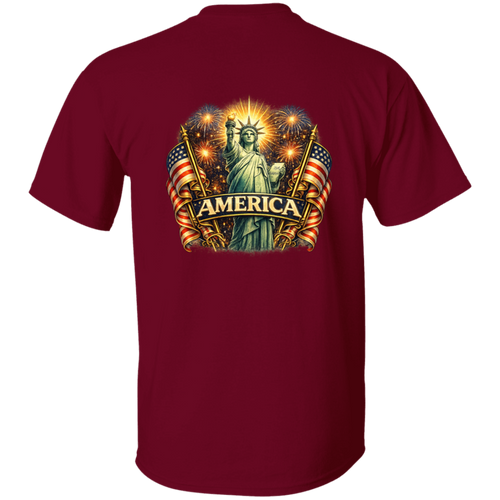Back view of red America 250 t-shirt showcasing a bold Statue of Liberty graphic with American flags and fireworks.