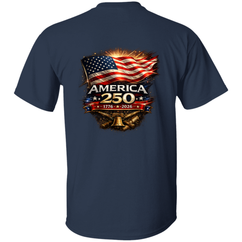 Back view of navy America 250 t-shirt showcasing a bold waving American flag and anniversary banner.