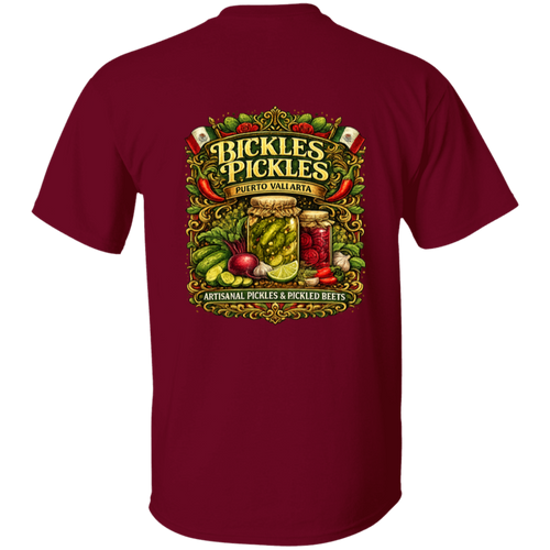 Back view of the burgundy Bickles Pickles T shirt showcasing the full illustrated label artwork with artisanal pickle jars and vegetables.