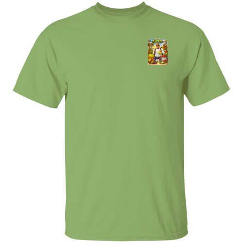 Front view of a green T shirt with the El Rey de Uvas chest graphic, designed for local vendor branding in Puerto Vallarta.