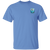 Front view of a Carolina blue t-shirt with a small chest emblem featuring a breaching humpback whale and Puerto Vallarta whale watching artwork.