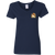 Front view of navy women’s V-neck featuring the Melania Trump America 250 chest crest with gold and patriotic detailing.