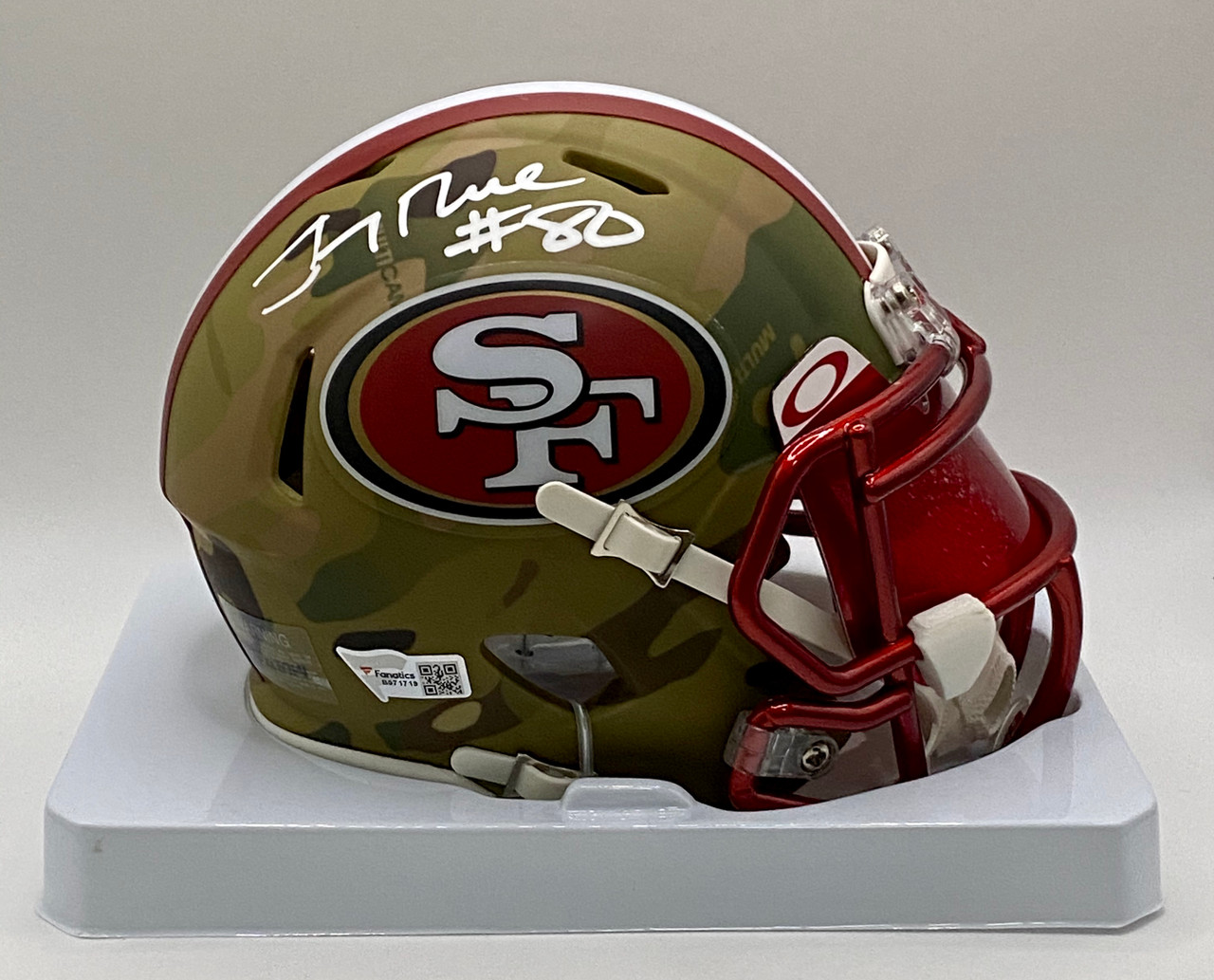 Jerry Rice Francisco 49ers Autographed Speciality Camo Speed Mini Football  Helmet with Metallic Red Face Mask and Oakley Visor - Maverick Autographs  and Collectibles