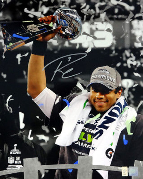 Russell Wilson Seattle Seahawks Autographed Raising Lombardi Trophy 8x10 Photo